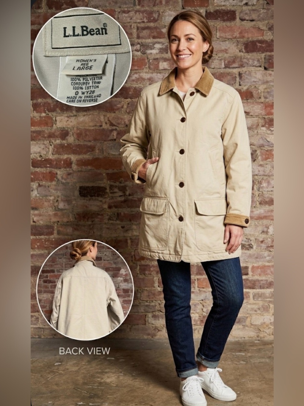 Vintage: L.L. Bean Adirondack Barn Coat Women's Large Tan Canvas Corduroy Collar